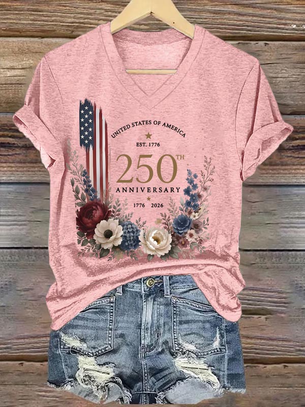 250th Anniversary 1776-2026 Pattern Print V Neck Casual T-Shirt