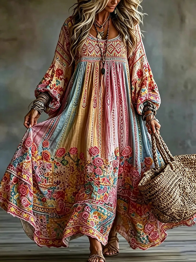 Women's Vintage Hippie Floral Art Print Maxi Dress