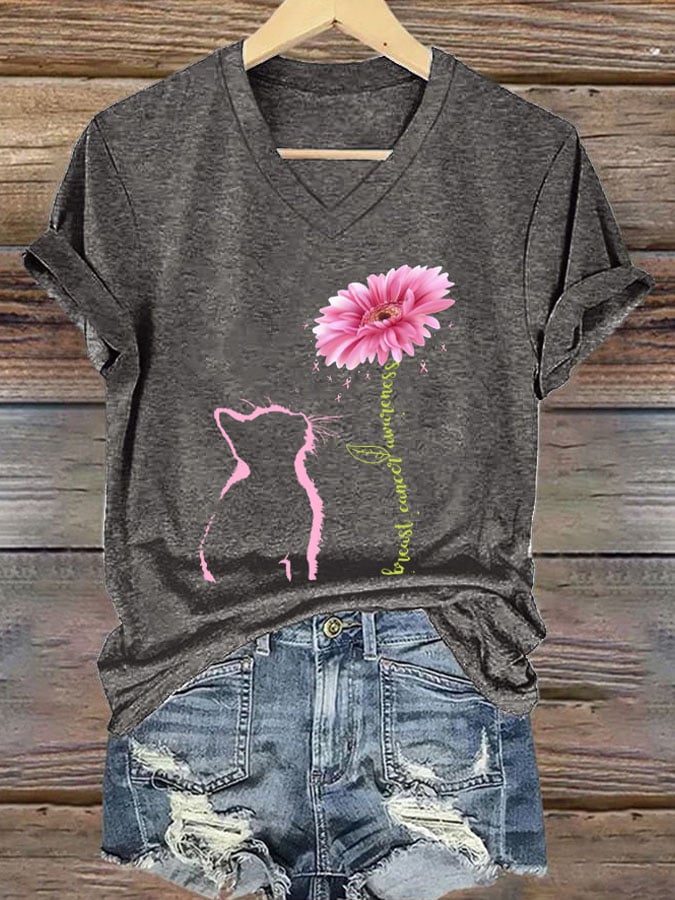 V-neck Retro Breast Cancer Awareness Cat Barberton Daisy Print T-Shirt