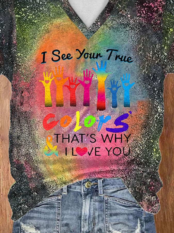 V-neck Tie Dye Autism Awareness I See Your True Colors Hands Print T-Shirt