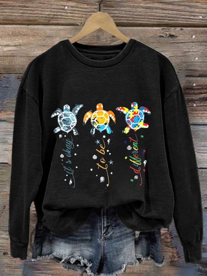 Retro Autism Awareness It’s Ok to Be Different Sea Turtle Print Sweatshirt