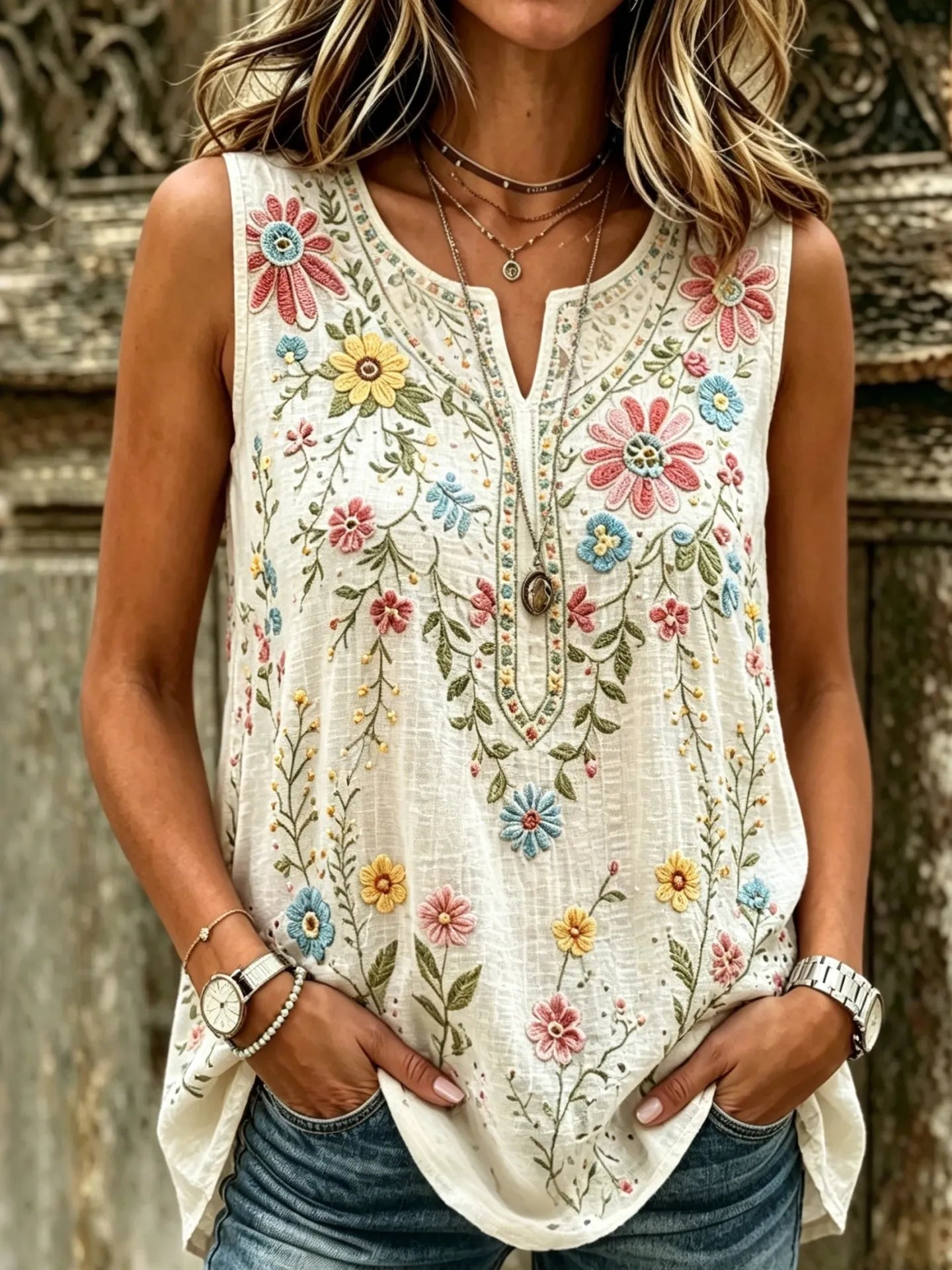 Women's Floral Embroidered Artistic Casual Sleeveless Top