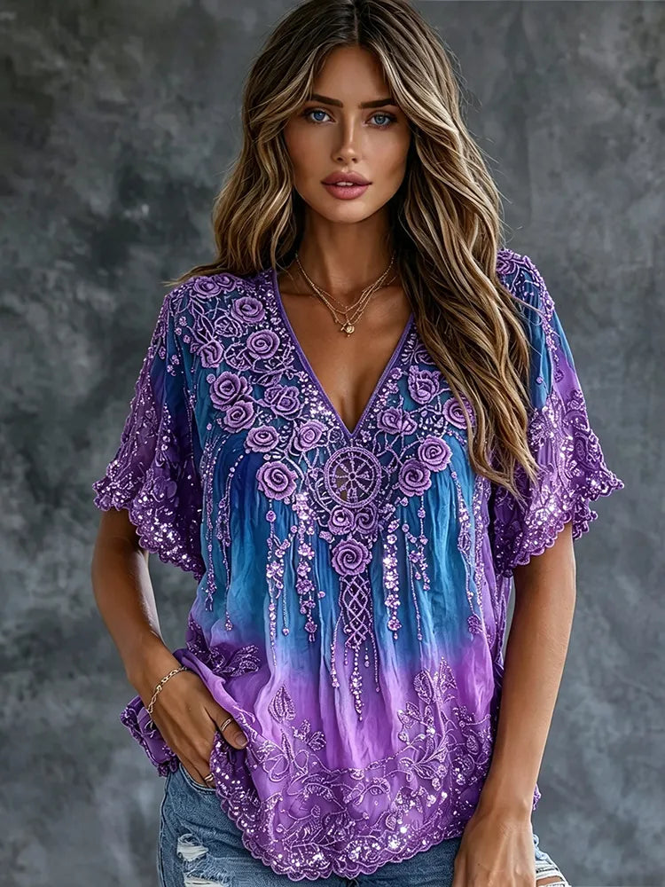 Women's Retro Floral Gradient Art  Casual Flowy Linen Blend Casual Tops