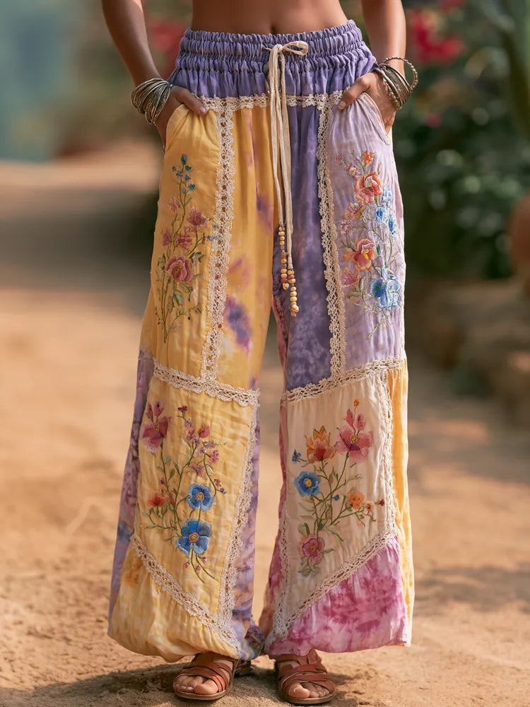 Women's Bohemian-style Tie-dye Wide-leg Pants, Adorned With Patchwork Details And Floral Patterns.