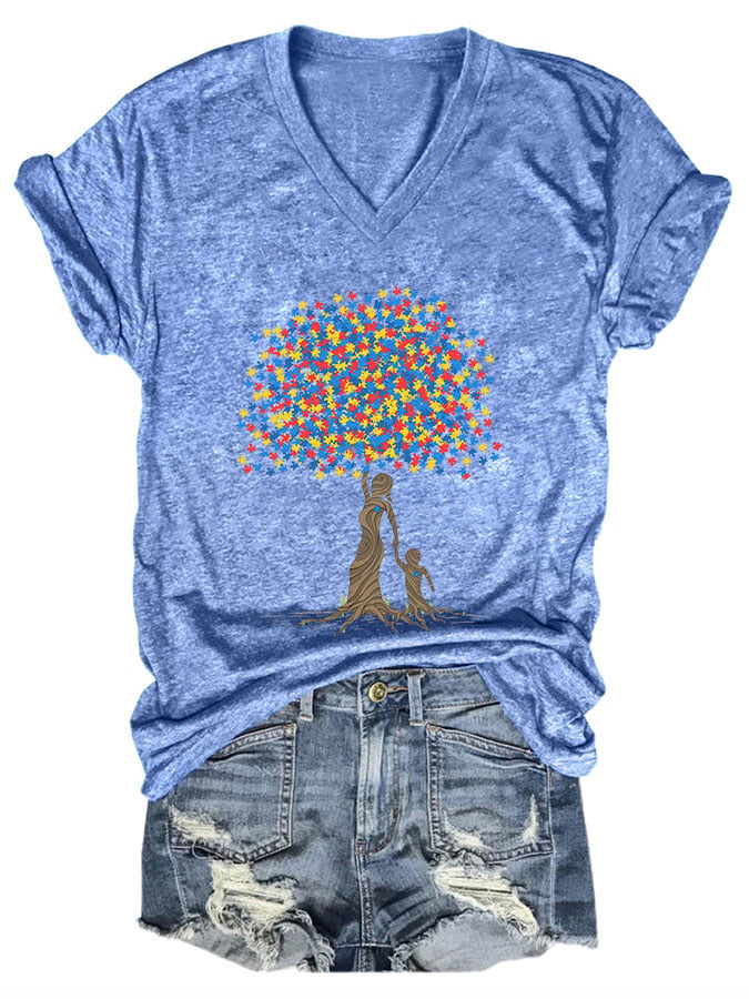Women's Casual Autism Awareness Printed Short Sleeve T-Shirt