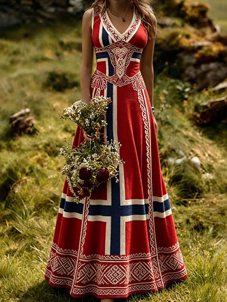 Retro Cotton And Linen Patchwork Viking Ethnic Print Dress