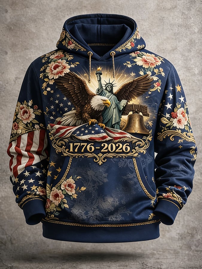 Men's Retro American 250th Anniversary Print Hooded Sweatshirt