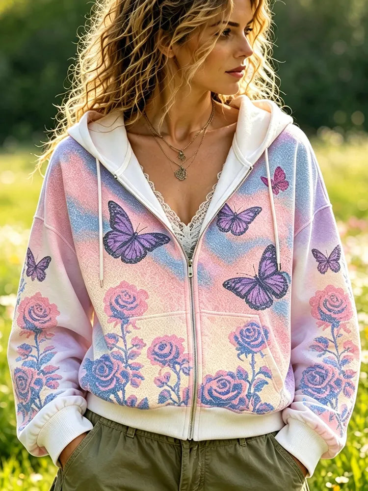 Women's Full-zip Hoodie With Tie-dye Gradient, Purple Butterflies, And Roses Print