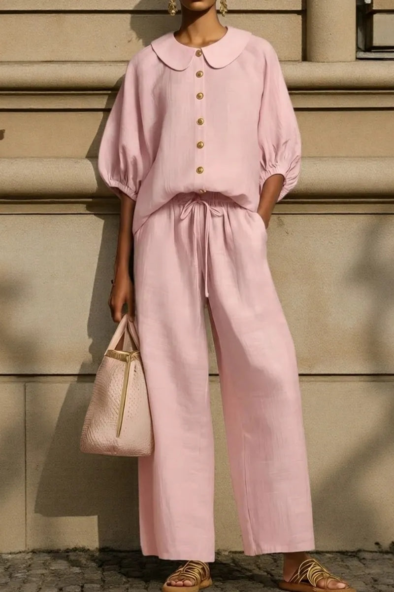 New Arrivals🔥Stylish Peter Pan Collar Shirt And Wide-leg Pant Linen Two-piece Set