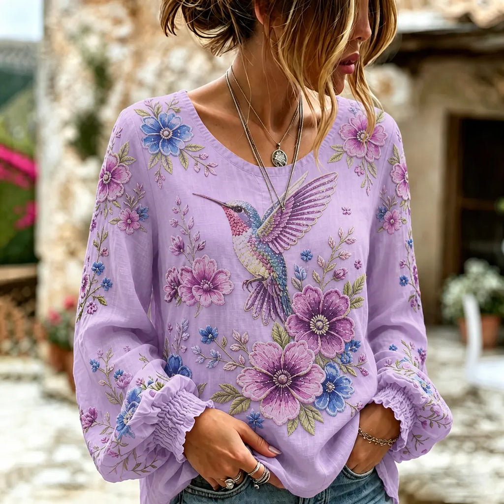 Women's Retro Floral And Bird Design Round Neck Cotton Linen Long Sleeve T-shirt