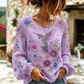 Women's Retro Floral And Bird Design Round Neck Cotton Linen Long Sleeve T-shirt