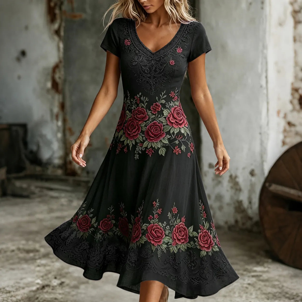 Women's Retro Purple Rose Embroidery Art V Neck Short Sleeve Midi Dress