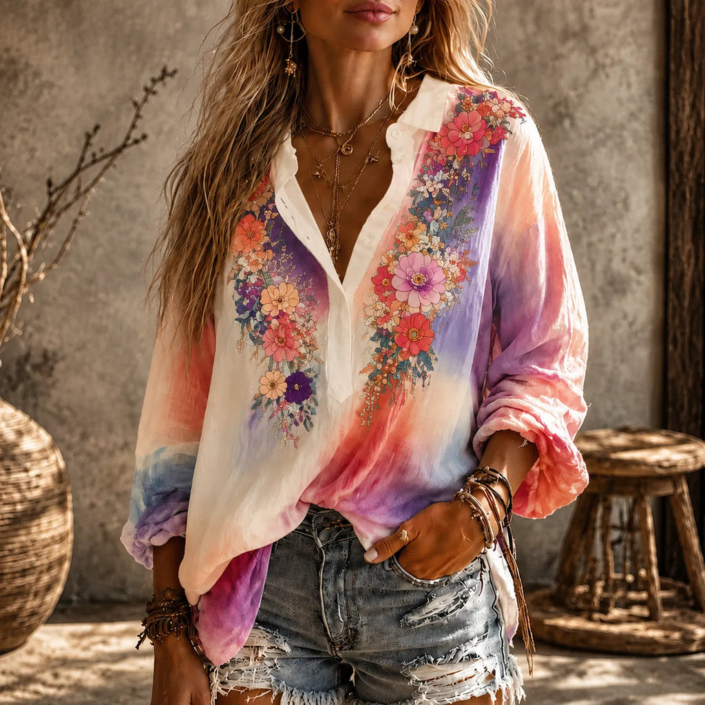 Women's Boho Tie-dye Floral 3d Embroidered V-neck Long-sleeve Blouse
