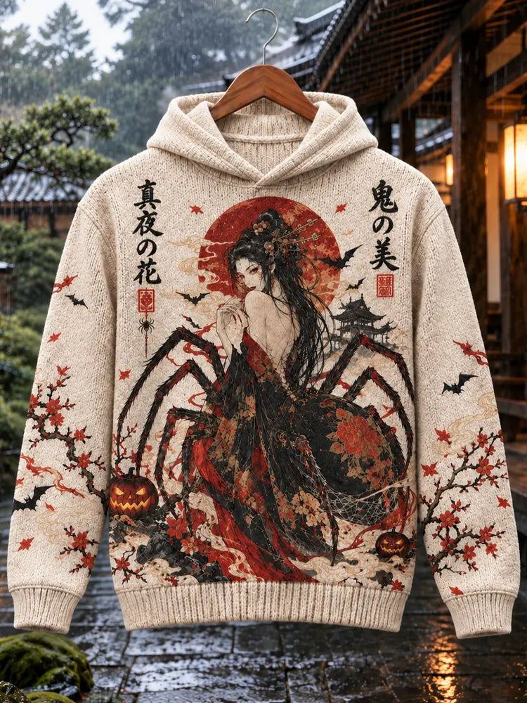 Men's Japanese Ukiyo-e Spider Woman Pumpkin Halloween Knitted Hoodie