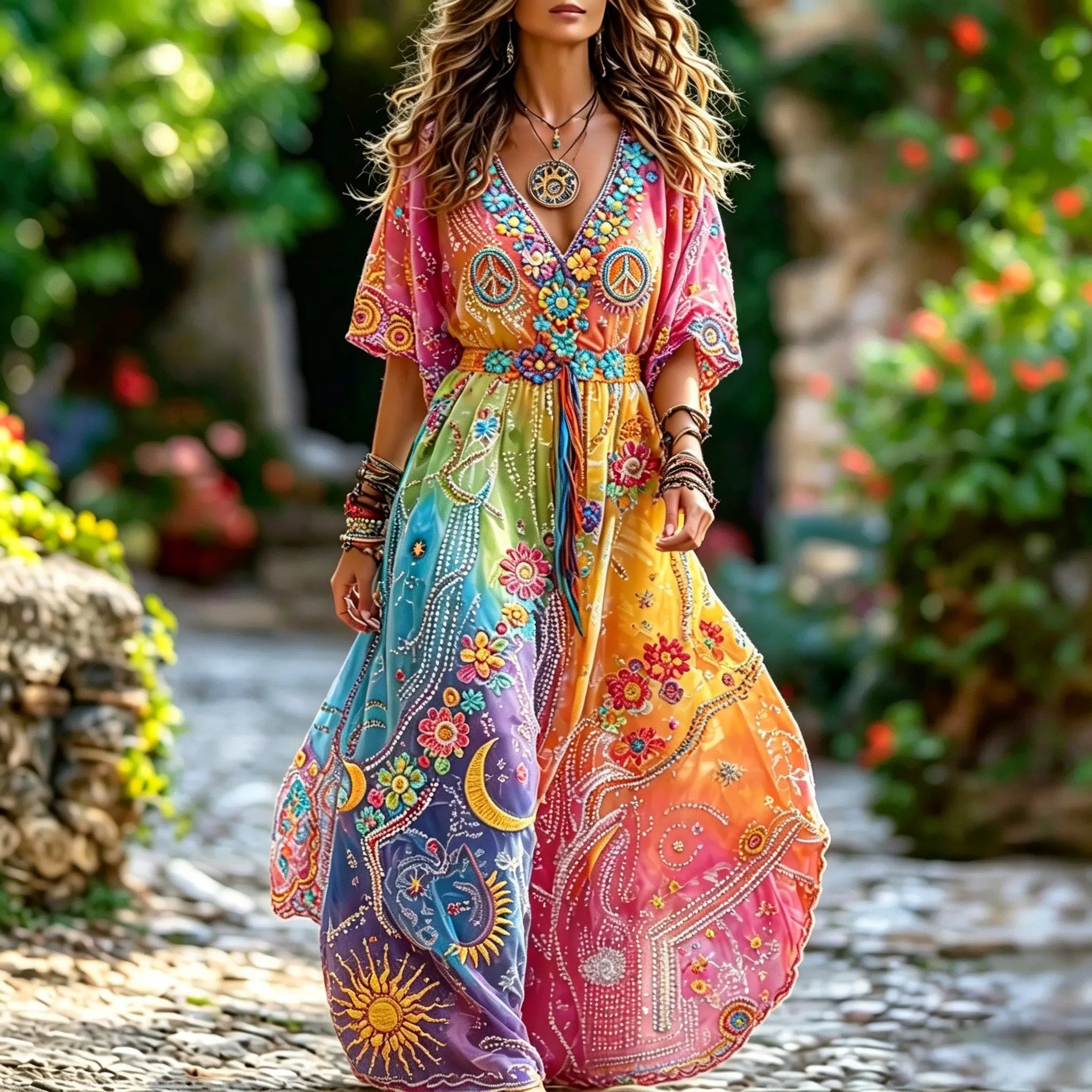 Women's Retro Hippie Floral Peace Symbol Embroidered Cotton Linen V-neck Short Sleeve Long Dress