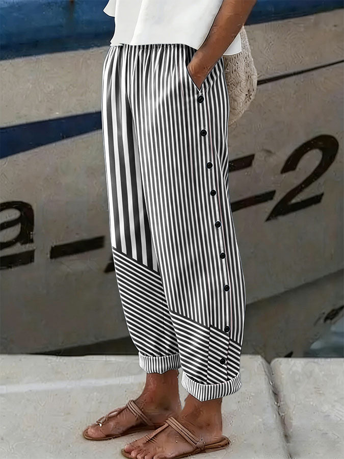 Women'S Casual Pink Stripe Art Breast Cancer Awareness Printed Trousers