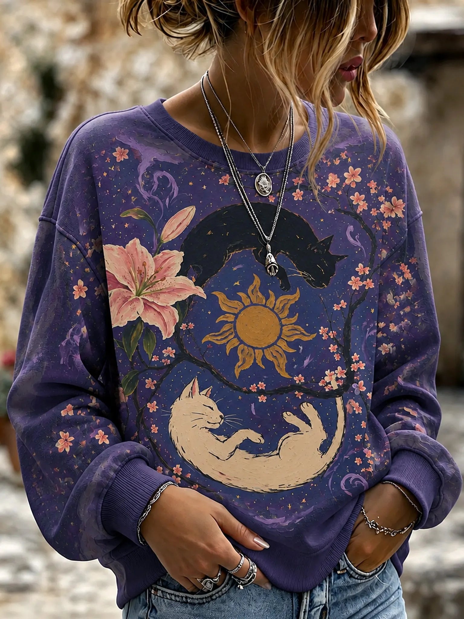 Women's Retro Bohemian Hippie Style Floral Cat Print Sweatshirt