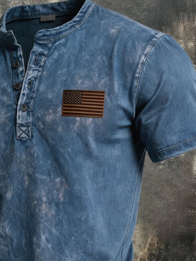 Men's Retro Patriotic Color-Block Short-Sleeve Henley T-Shirt