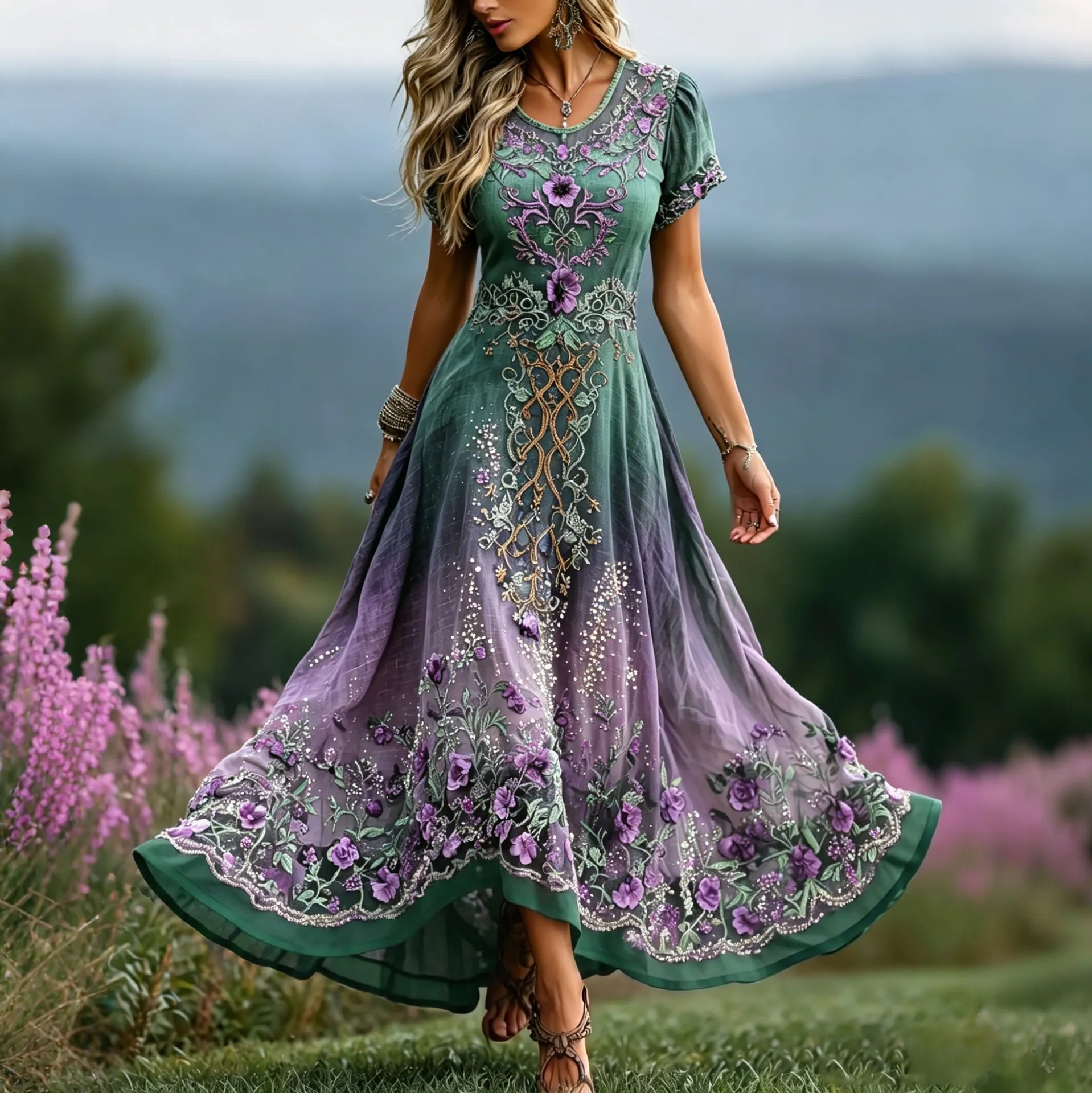 Women's Vintage Celtic Knot Floral Art Embroidered Linen Blend Maxi Dress