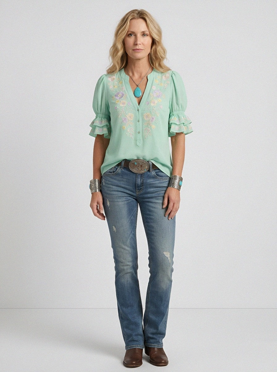 Women's Western Vintage Floral Embroidered Ruffle Sleeve Top