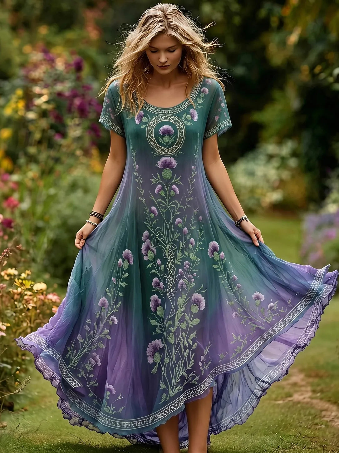 Women's Elegant Scottish Thistle Floral Print Alzheimer's Awareness Casual Dress