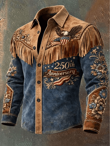 Men'S Vintage Distressed Western-Style 250th Anniversary Commemorative Printed Shirt