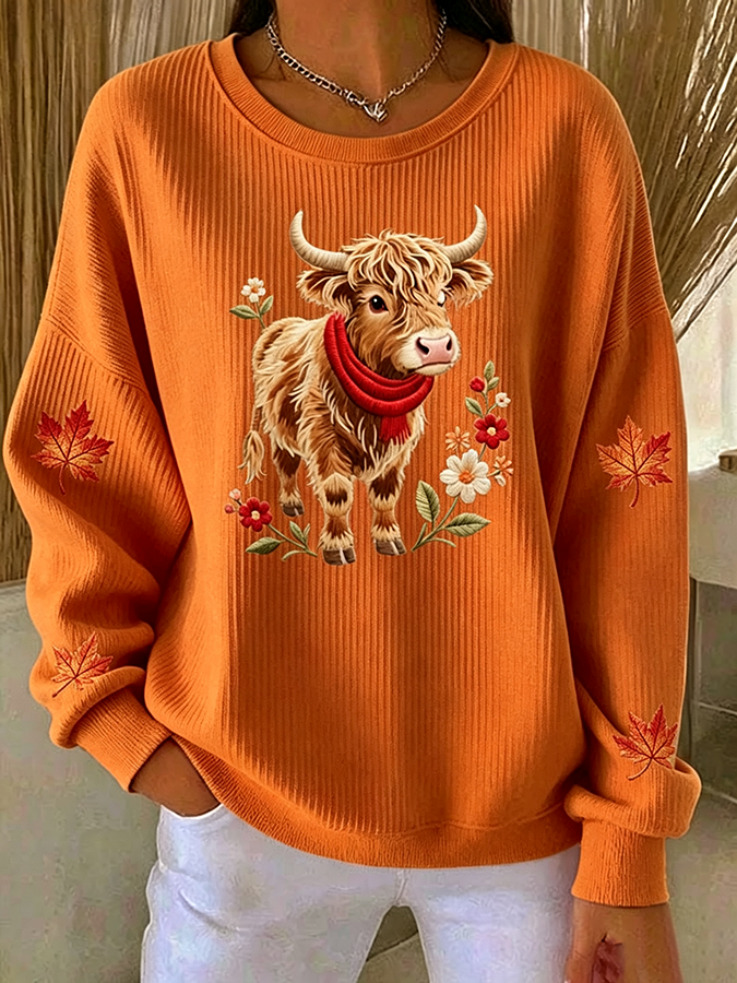 Women'S Autumn Highland Cow Embroidered Round Neck Sweatshirt