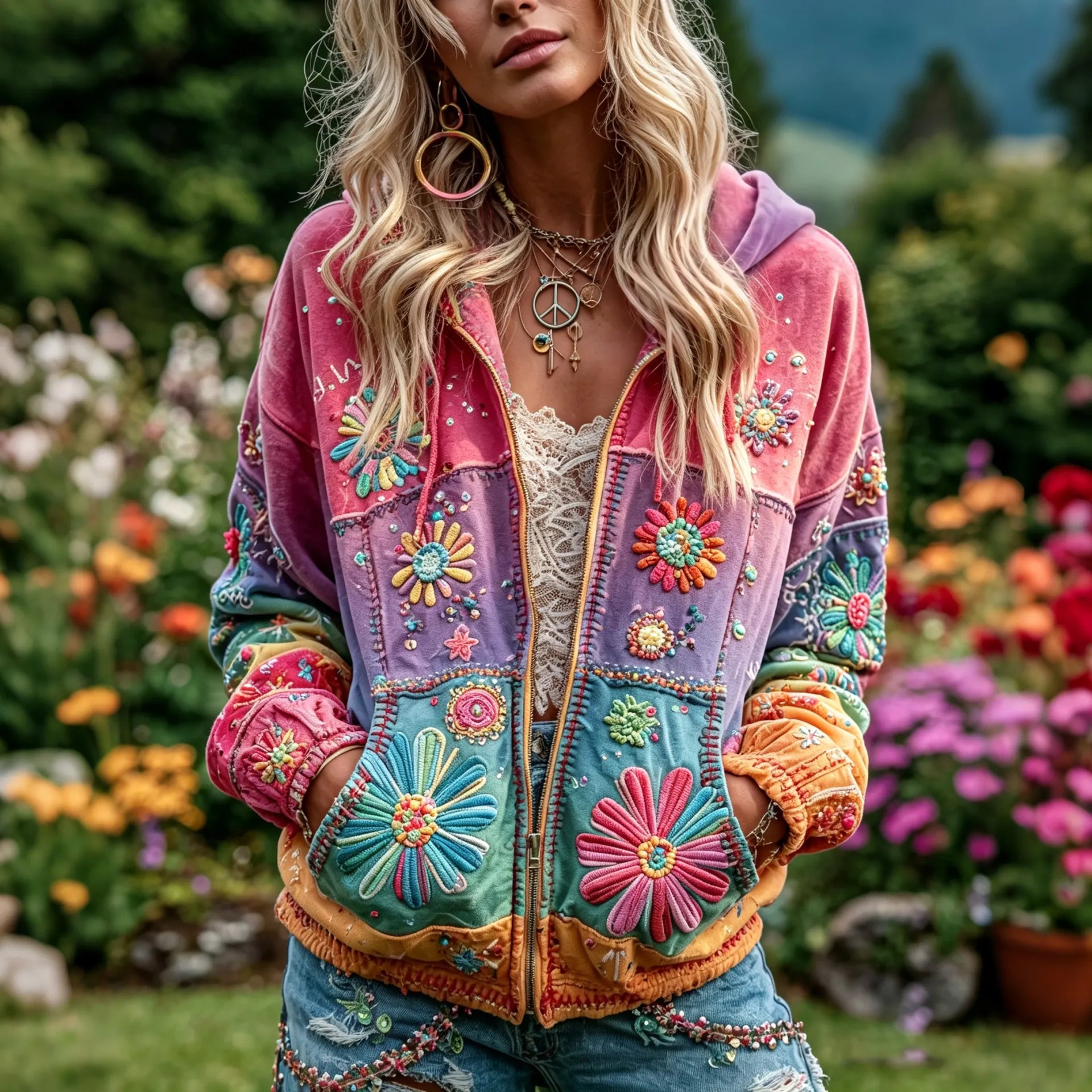 Women's Retro Hippie Floral Patchwork Embroidery Art Casual Zipper Hoodie