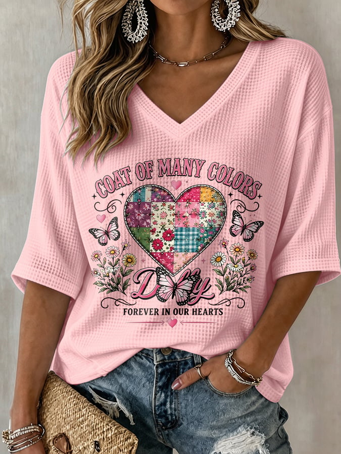 V-Neck Retro Coat Of Many Colors Forever In Our Hearts Print T-Shirt