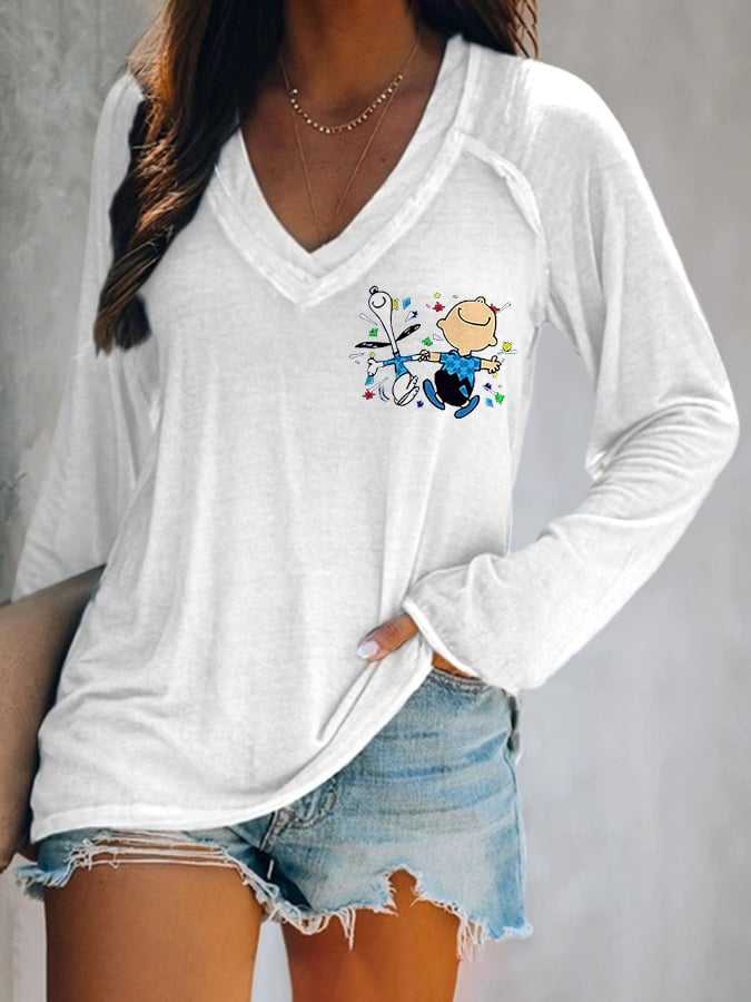 V-neck Retro Autism Awareness I Wear Blue For Autism Print T-Shirt