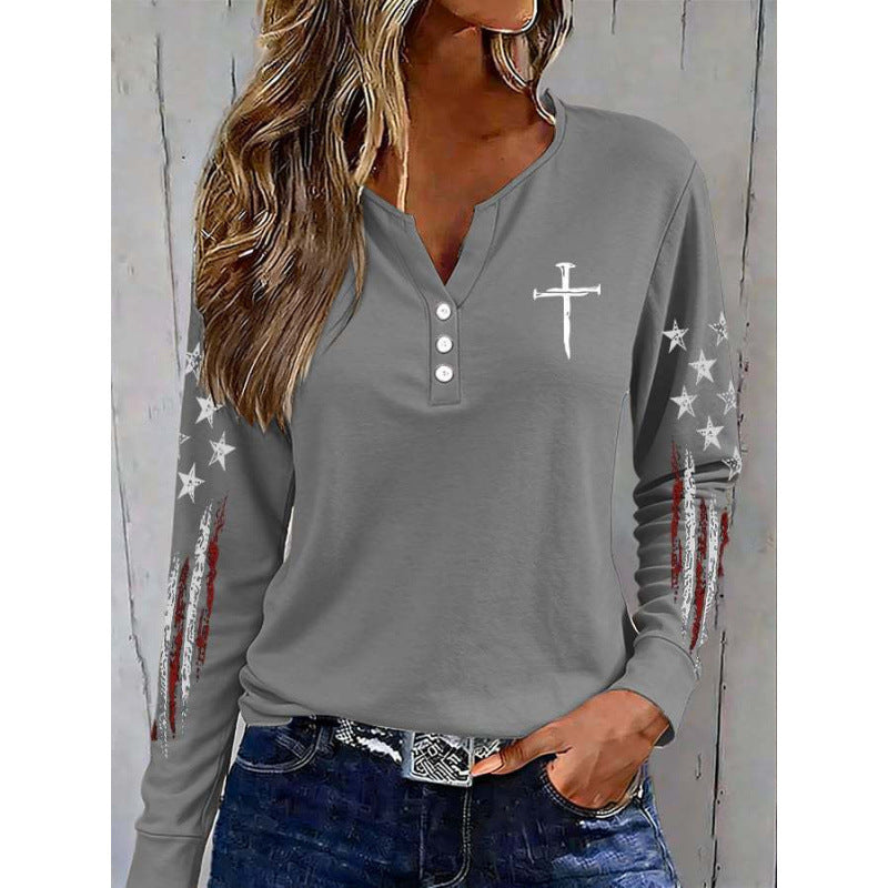 Women's America Falg Cross Pattern Long-Sleeve Henley Top