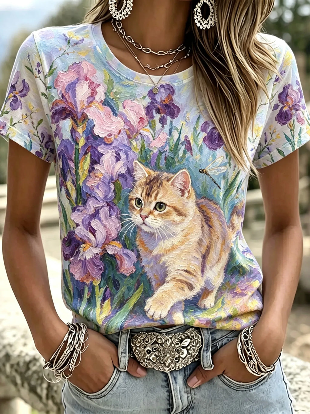 Women's Retro Oil Painting Cat And Floral Design Round Neck Short Sleeve T-shirt