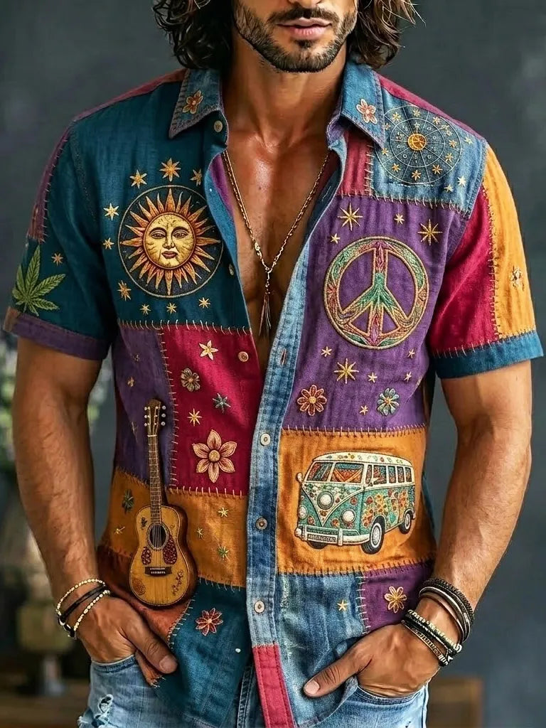 Men's Hippie Peace Car Sun Face Boho Music Guitar Patchwork Print Shirt