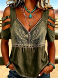 Women's Western Independence Day Eagle Printed Cold Shoulder T-shirt-3