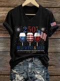 250Th Anniversary American Embroidery Commemorative V-Neck Short Sleeved T-Shirt