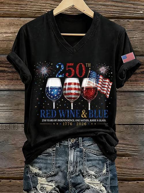 250Th Anniversary American Embroidery Commemorative V-Neck Short Sleeved T-Shirt