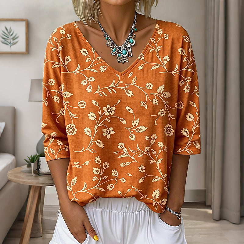 Women's Floral Art Print Flowy Linen Blend  Three-quarter Sleeve V Neck Linen Tops