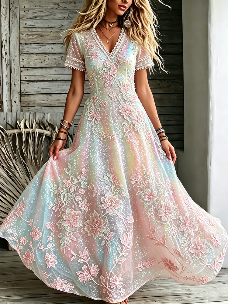 Women's Floral In Macarons Colorful Art Embroidered Linen Blend V Neck Maxi Dress