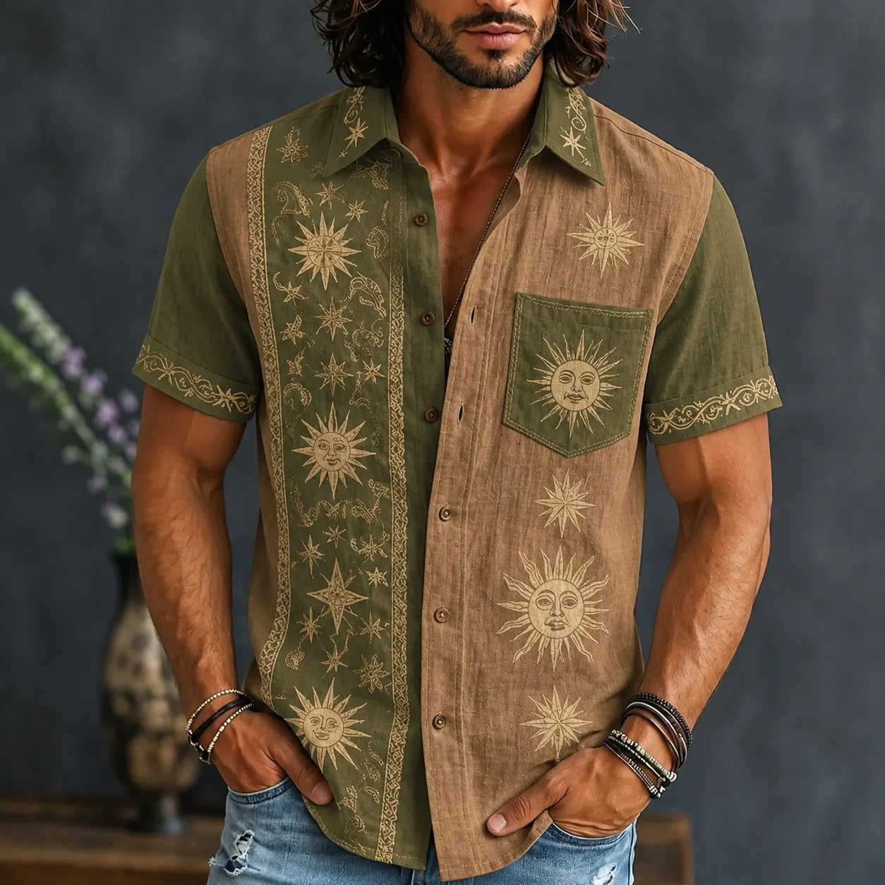 Men's Retro Sun And Star Printed Short Sleeve Shirt