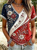 Women's American Flag Color Block Stripes And Flowers Art Print V Neck Short Sleeve T-Shirt