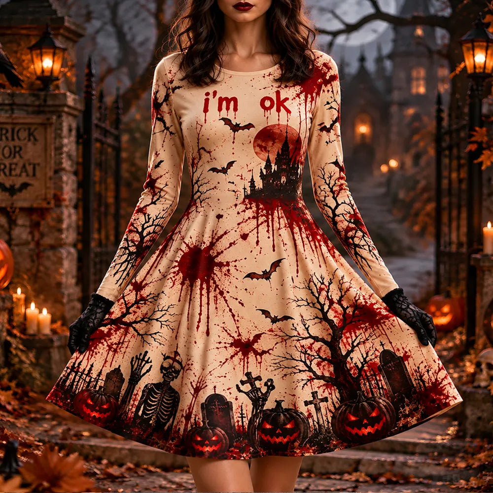 Women's Halloween "i'm Ok!!" Bloody Castle & Pumpkin Swing Dress