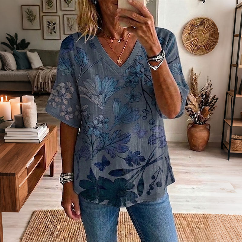 Women's Vintage Bohemian Floral Art Print Linen Blend Tops