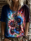 Women's Independence Day Sunflower Print Art Crew Neck Short Sleeve T-Shirt