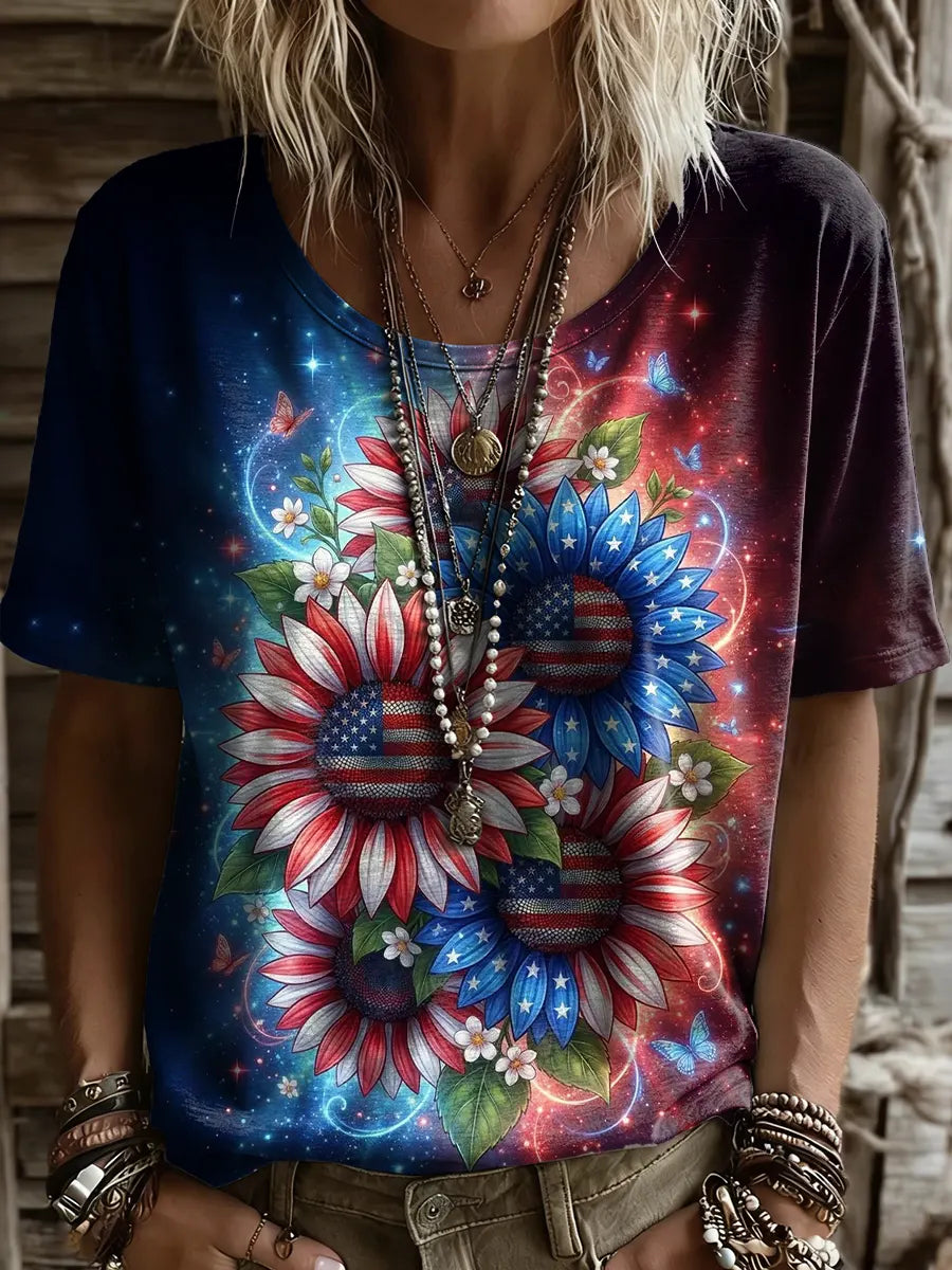 Women's Independence Day Sunflower Print Art Crew Neck Short Sleeve T-Shirt