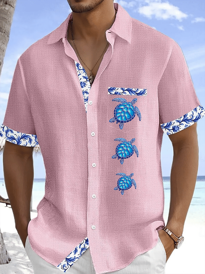 Men's Turtle Printed Casual Vacation Shirt (With Pockets)