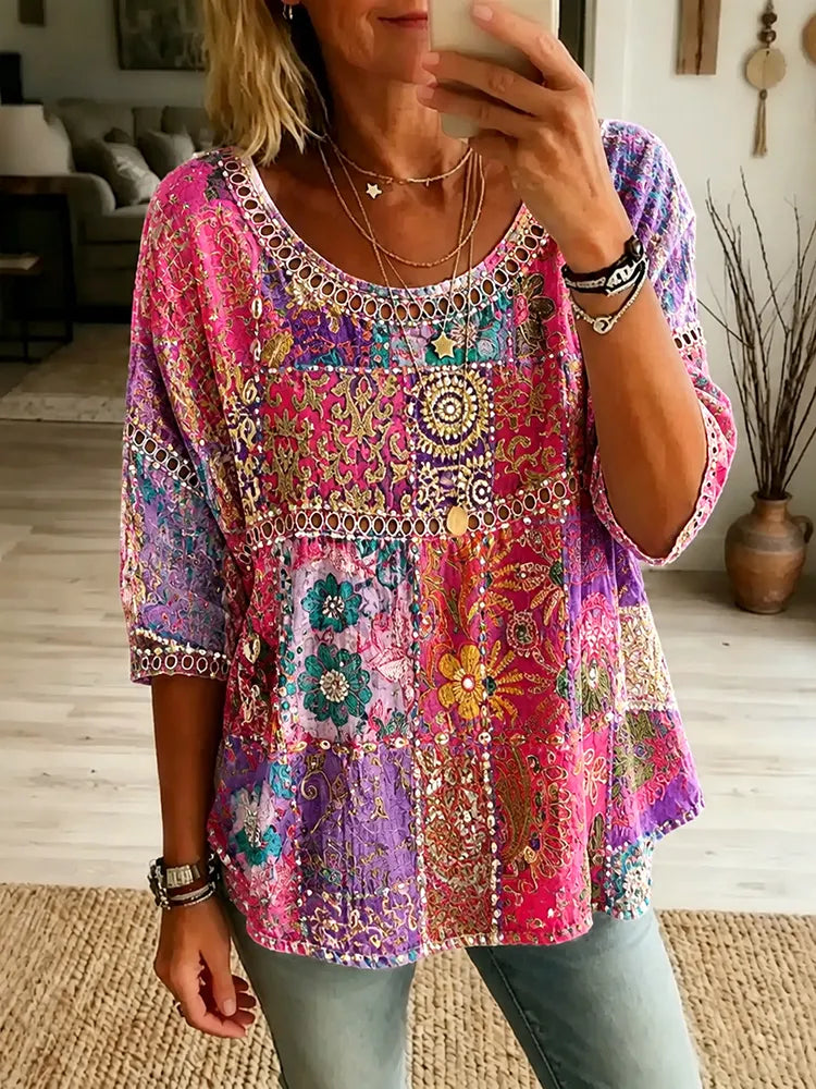 Women's Retro Hippie Floral Patchwork Art Linen Blend T-shirt