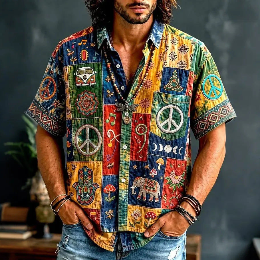 Men's Bohemian Style Patchwork Peace Symbol Hippie Art Print Casual Shirt