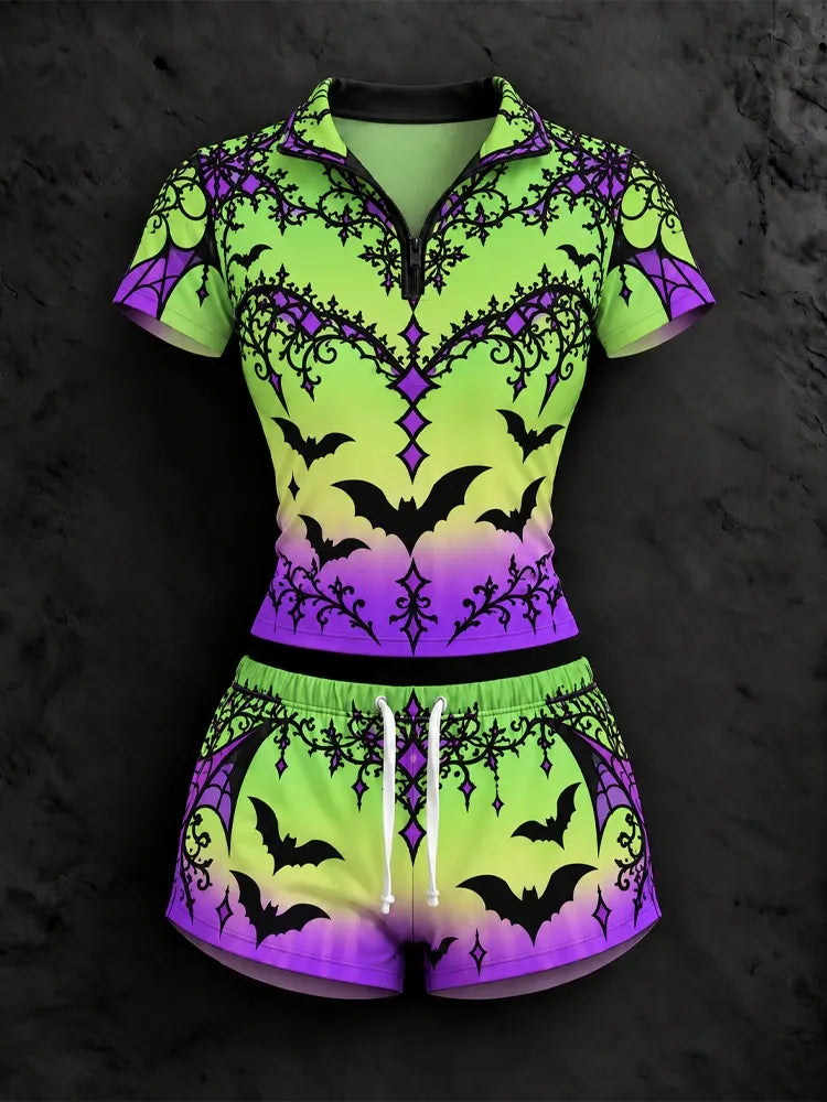 Women's Halloween Lace Bat Gradient Print Short Sleeve Top And Shorts Two-piece Set