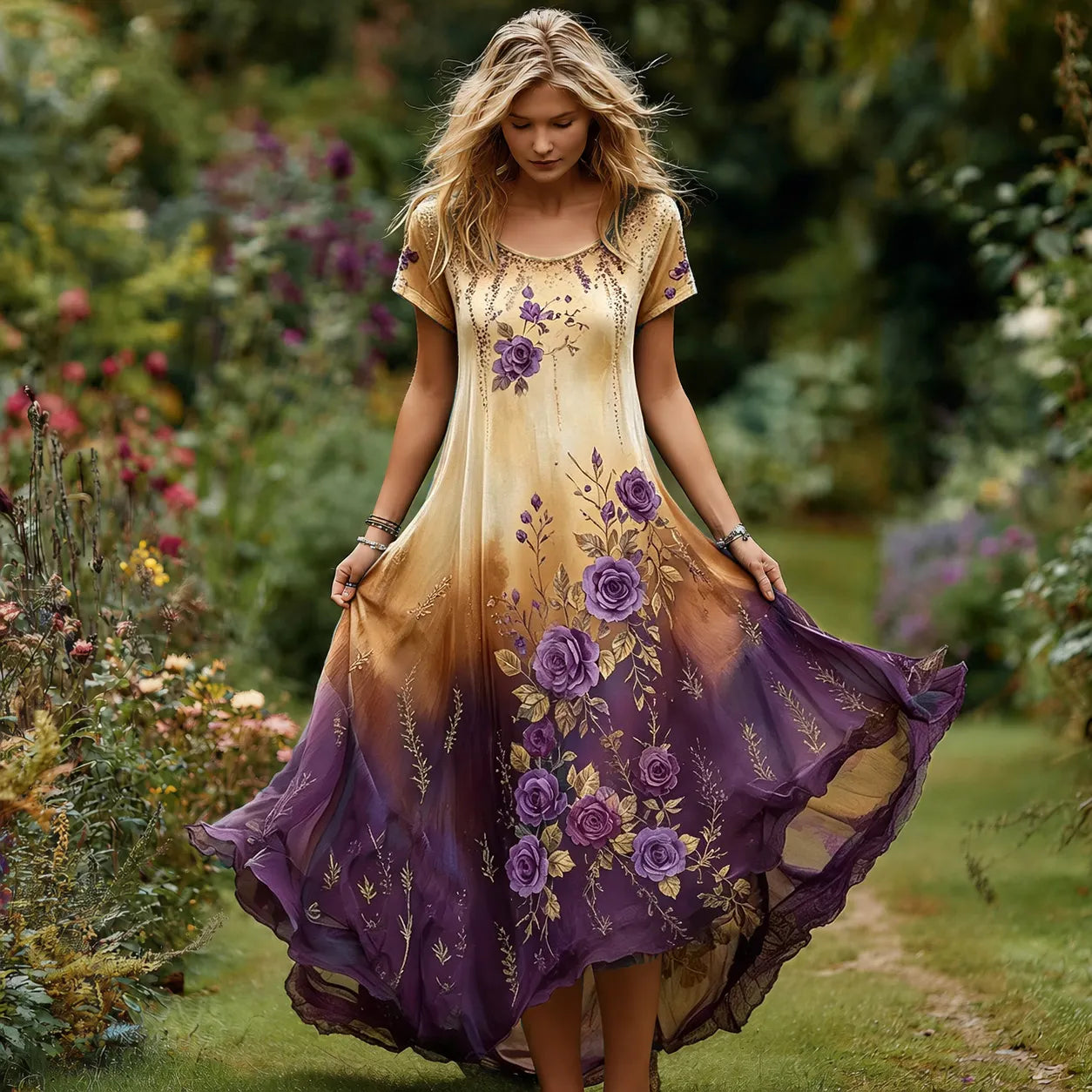 Women's Vintage Floral Embroidery Gradient Pattern Round Neck Dress