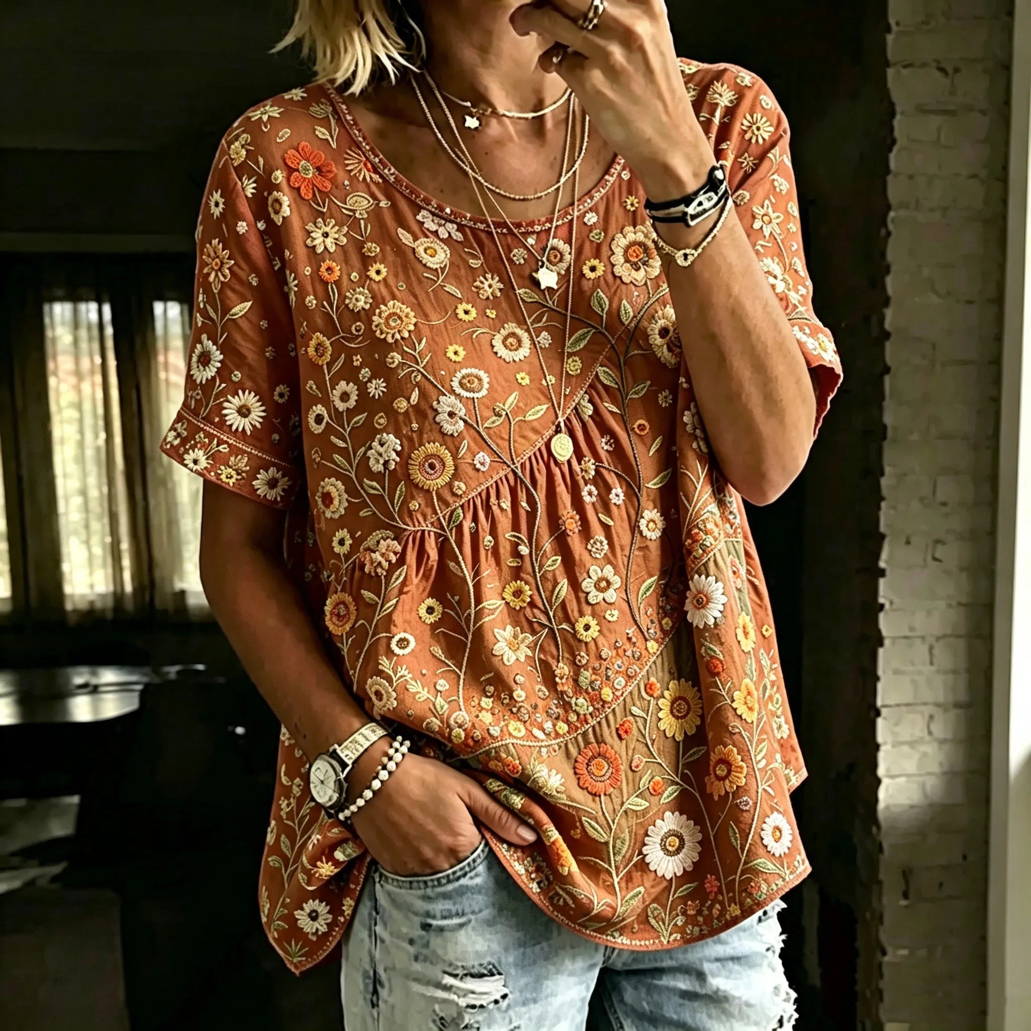 Women's Retro Bohemian Hippie Style Floral Embroidered Print Top